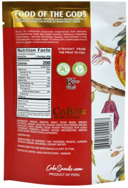 Nutritional Information of CoBē Snacks Milk Chocolate Covered Cacao Beans