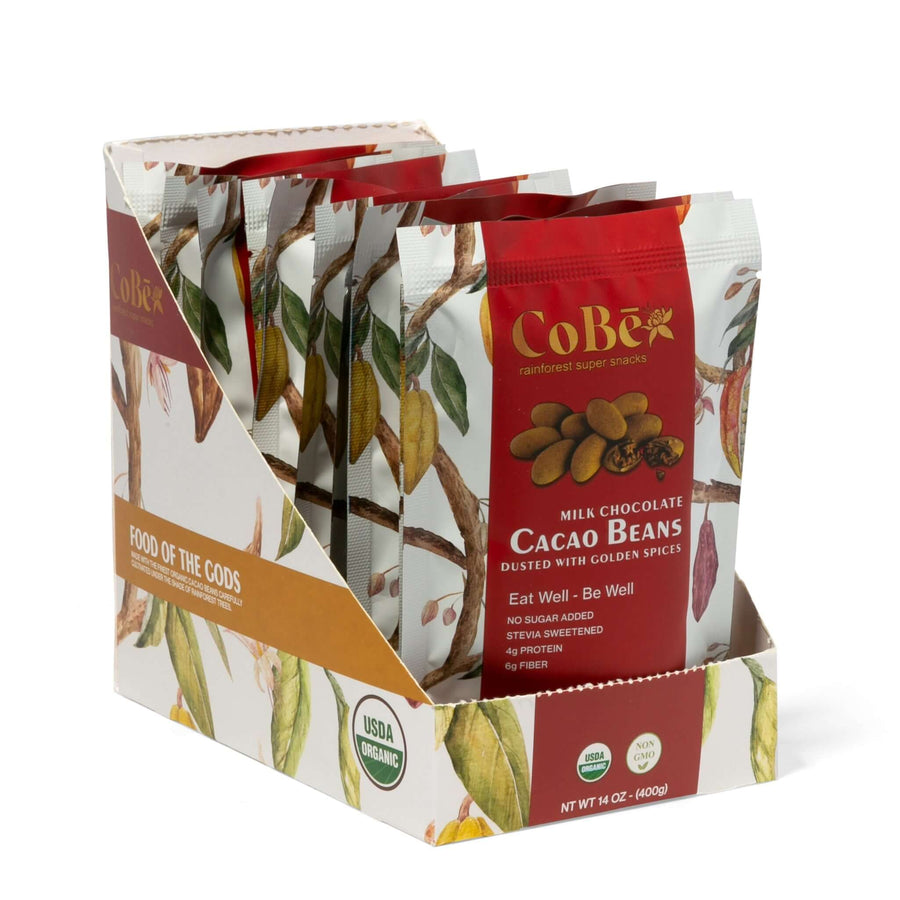 CoBē Snacks Milk Chocolate Covered Cacao Beans Dusted with Golden Spices